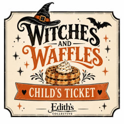 Halloween sign reading "Witches and Waffles" with a waffle stack and witch hat