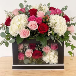 Pink and red roses with white hydrangeas in a black box arrangement