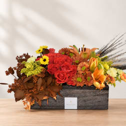 Mixed floral arrangement in a rectangular black box with red, orange, and yellow blooms