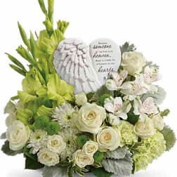 White and green sympathy bouquet with roses and a memorial stone