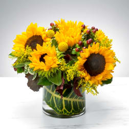 Sunflower arrangement in a clear glass vase with yellow filler flowers
