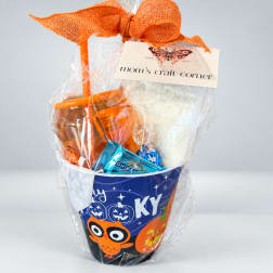 Halloween gift bucket with candy and a white treat bag tied with orange ribbon