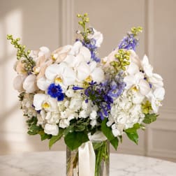 White orchids and blue flowers arranged in a clear glass vase with ribbon