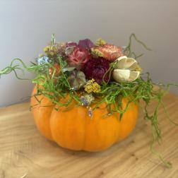 Floral arrangement in a pumpkin-shaped container with colorful blooms and curly greenery
