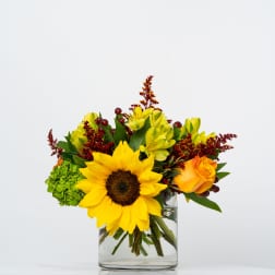 Sunflower and yellow alstroemeria arrangement in a clear glass vase