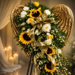 Heart-shaped floral spray with sunflowers, white roses, and a gold ribbon