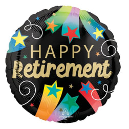 Round black balloon with "Happy Retirement" text and colorful stars