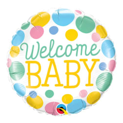Round balloon with "Welcome Baby" text and colorful polka dots