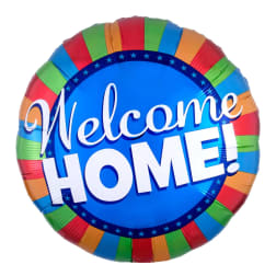Round foil balloon reading "Welcome Home!" in bright colors