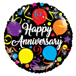 Round balloon with "Happy Anniversary" text and colorful party graphics