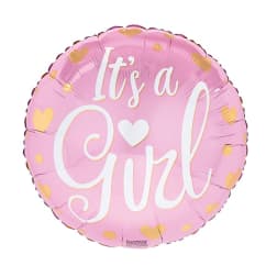 Pink round balloon with "It's a Girl" text and heart accents