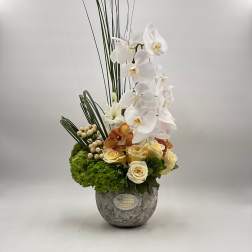Tall floral arrangement with white orchids and cream roses in a gray vase