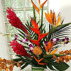 Tropical flower arrangement with orange bird-of-paradise and red ginger in a glass vase