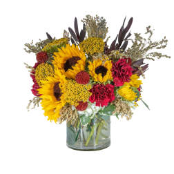 Sunflowers and red carnations in a glass vase