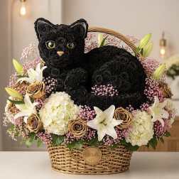 Black rose cat arrangement in a wicker basket with lilies and pink filler flowers