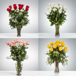 Four rose arrangements in clear glass vases, with red, white, pink, and yellow blooms.