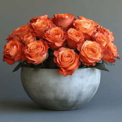 Orange roses arranged in a round silver bowl vase