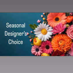 Seasonal Designer's Choice text beside colorful mixed flowers