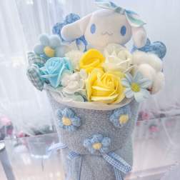 Plush bunny bouquet with pastel roses and daisies in a gray wrap