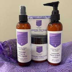 Lavender bath and body gift set with spray, scrub, lotion, and soap