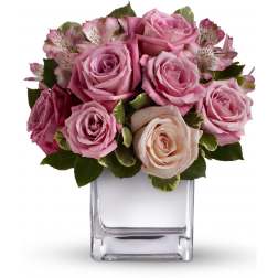 Compact arrangement of pink and cream roses with alstroemeria in a clear glass cube vase