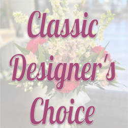 Text reading "Classic Designer's Choice" over a blurred floral bouquet background