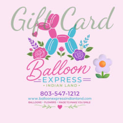 Gift card graphic with balloon dog and flower illustrations on a pink background