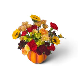 Mixed fall bouquet in an orange pumpkin container
