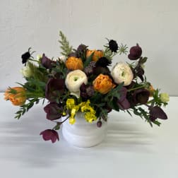 Mixed orange, white, and burgundy flowers in a white vase