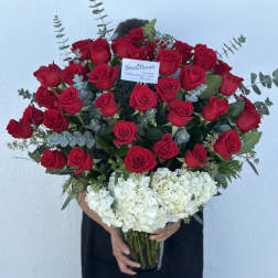 Large bouquet of red roses and white hydrangeas in a glass vase
