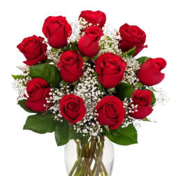 Red roses arranged in a clear glass vase with baby's breath