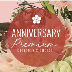 Anniversary designer's choice text over soft pink and cream flowers
