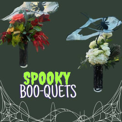 Two floral bouquets in black vases with spider decorations and spooky text