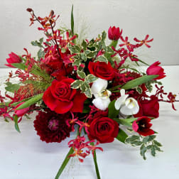 Red roses and white orchids in a low floral arrangement