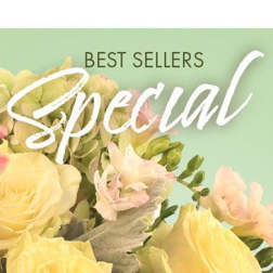 Yellow roses and pale pink flowers with "Best Sellers Special" text