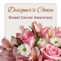Pink roses and white daisies in a breast cancer awareness bouquet