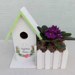 White birdhouse planter with purple flowers in a small picket fence box
