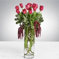 Pink tulips arranged in a tall glass vase with trailing burgundy accents