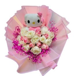 Bouquet of white and pink roses with bright pink filler and a Hello Kitty plush wrapped in ruffled pink paper