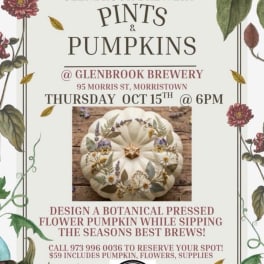 Flyer for a pressed flower pumpkin workshop with a decorated white pumpkin.