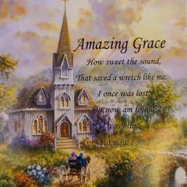 Church scene with the words Amazing Grace over a pastoral landscape