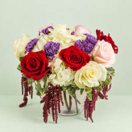 Bouquet of red, pink, white, and purple flowers in a clear glass vase