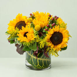 Sunflower bouquet in a clear glass vase with yellow filler flowers