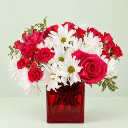 Red roses and white daisies in a red glass vase