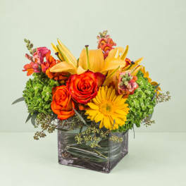 Bright mixed bouquet in a square glass vase with roses, lilies, and a yellow gerbera daisy