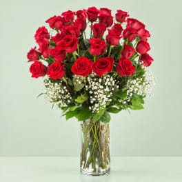 Red roses and baby's breath in a clear glass vase