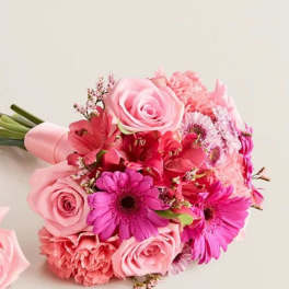 Pink bouquet with roses, gerbera daisies, and carnations