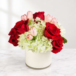 Red roses and pink tulips in a white vase with pale hydrangeas