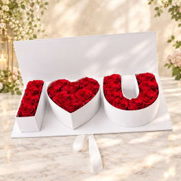 Red roses arranged in white boxes spelling I love U