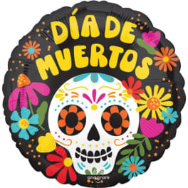 Sugar skull balloon with colorful flowers and "DIA DE MUERTOS" text